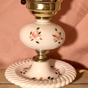 vintage milk glass accent lamp likely from the 1950s, featuring hand-painted pi